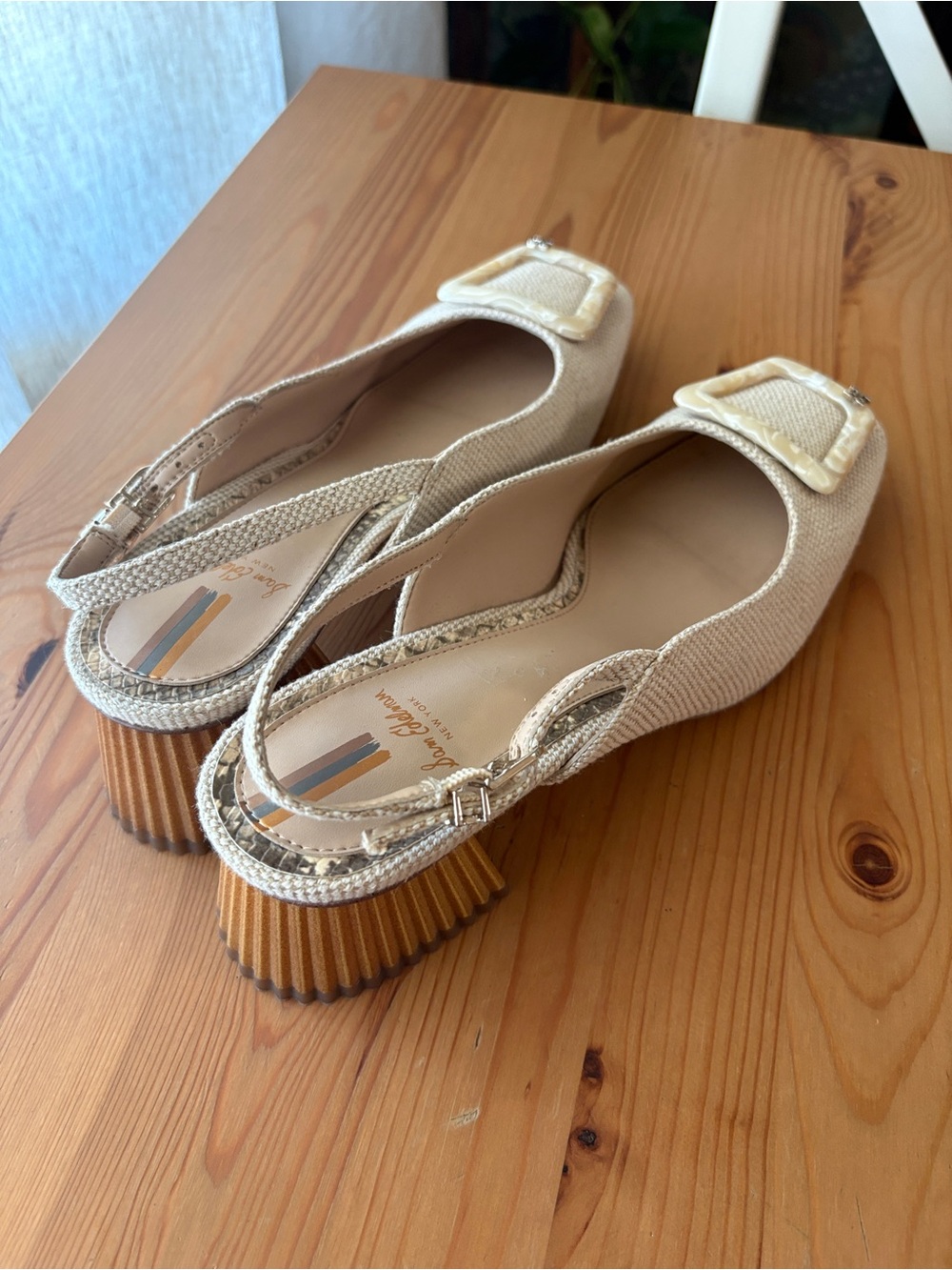 Sam Edelman Beige Slingback Block Heel Pumps with Decorative Buckle - Picture 5 of 11
